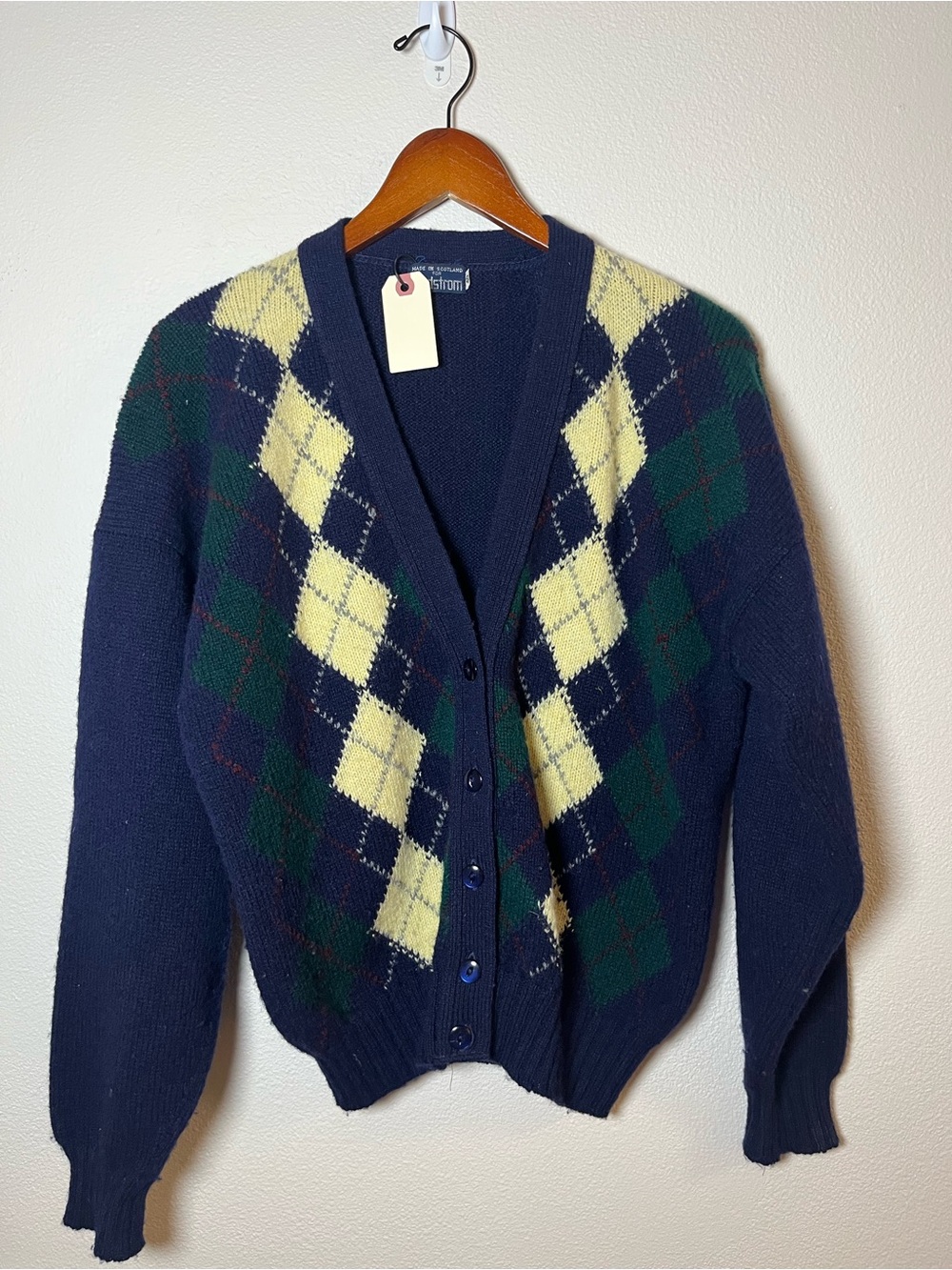 Vintage y2k Kurt Cobain Nordstrom Wool Argyle Navy Knit Button up Cardigan